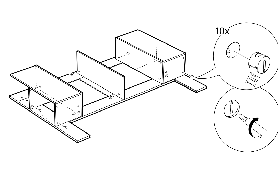 Diagram for step 17: The cam locks are inserted and turned to secure the upright panels and box section onto the base assembly.