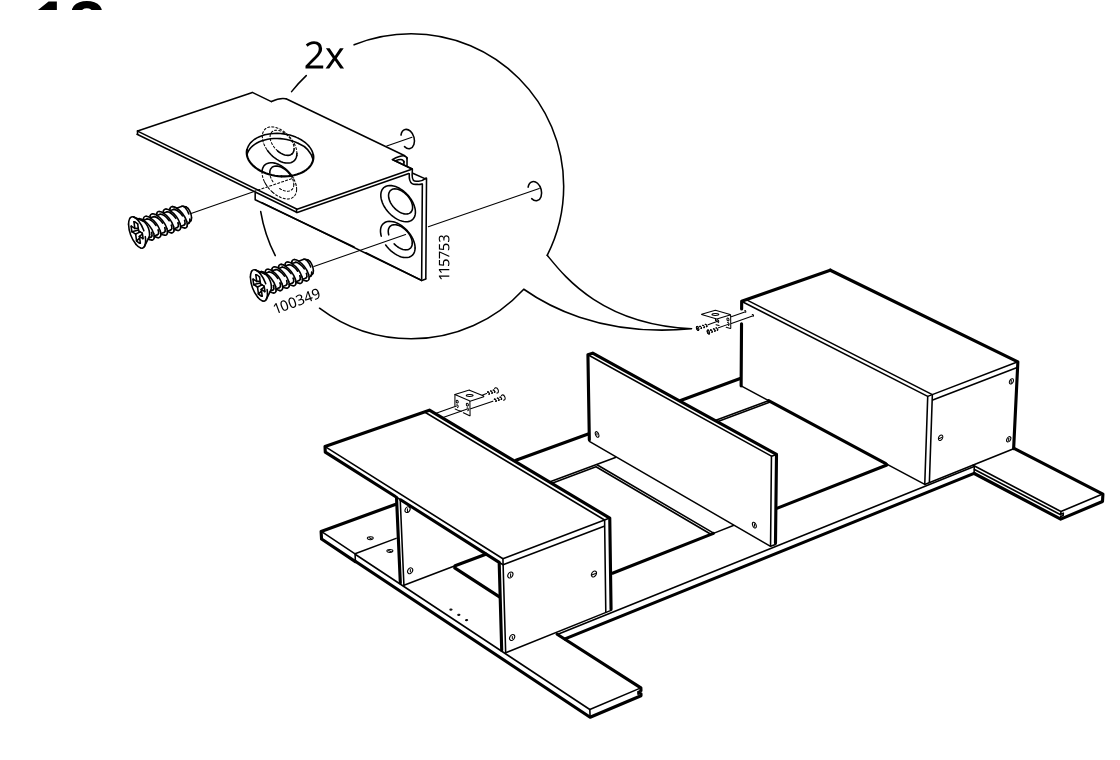 Diagram for step 18: Two small corner brackets are fixed with screws to the side panel tops and then positioned onto the assembly.