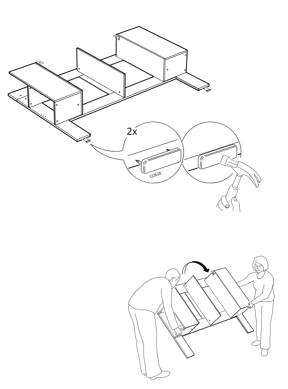 Diagram for step 19: Two people tilt the assembly upright after tapping in two 122628 edge pieces with a hammer, as shown in the zoom callouts.