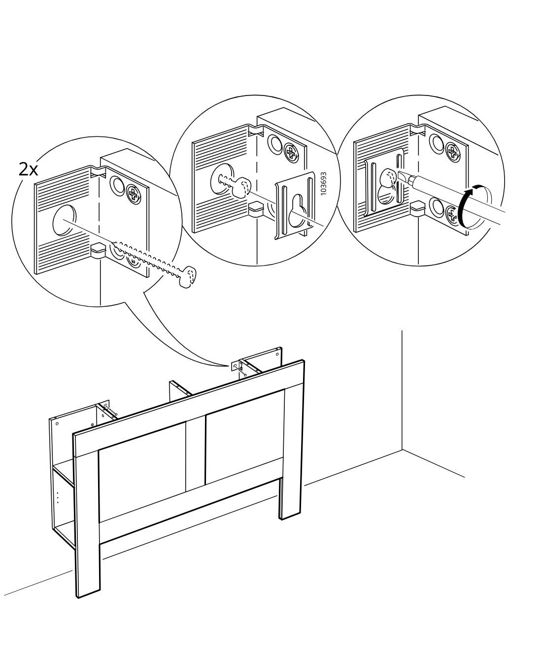 Diagram for step 20: You secure two cam fittings in the side panels, tighten them with a screwdriver as shown in the zoom callouts, and position the frame against the wall.