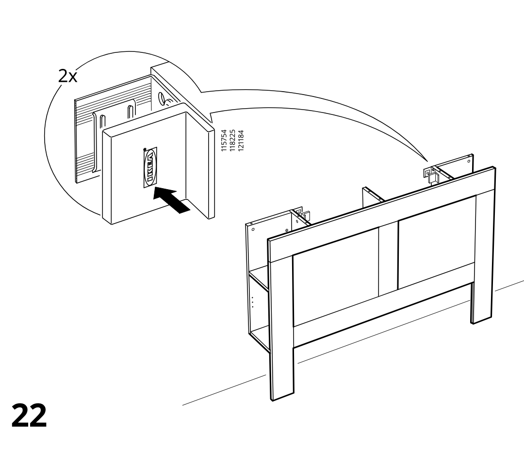 Diagram for step 21: Two drawer-front pieces are positioned and aligned to the frame, with the callout showing the correct part orientation and insertion direction.