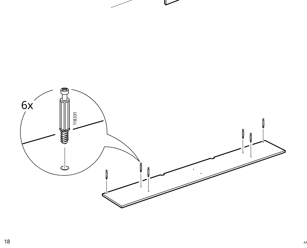 Diagram for step 22: Six cam screws (118331) are threaded into the marked holes along the long panel, as shown in the zoom callout.