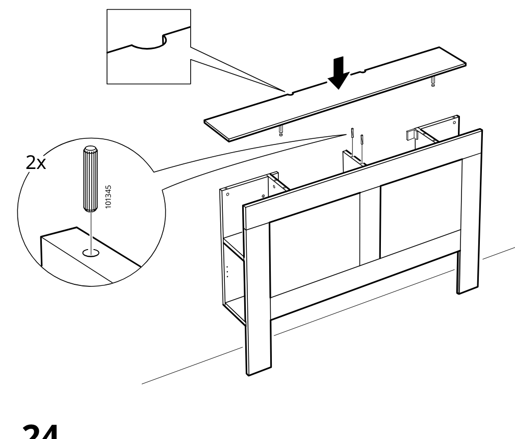 Diagram for step 23: The top panel is lowered onto the frame onto two dowels, with a zoom detail showing the edge notch orientation and a callout indicating two pins (101345).