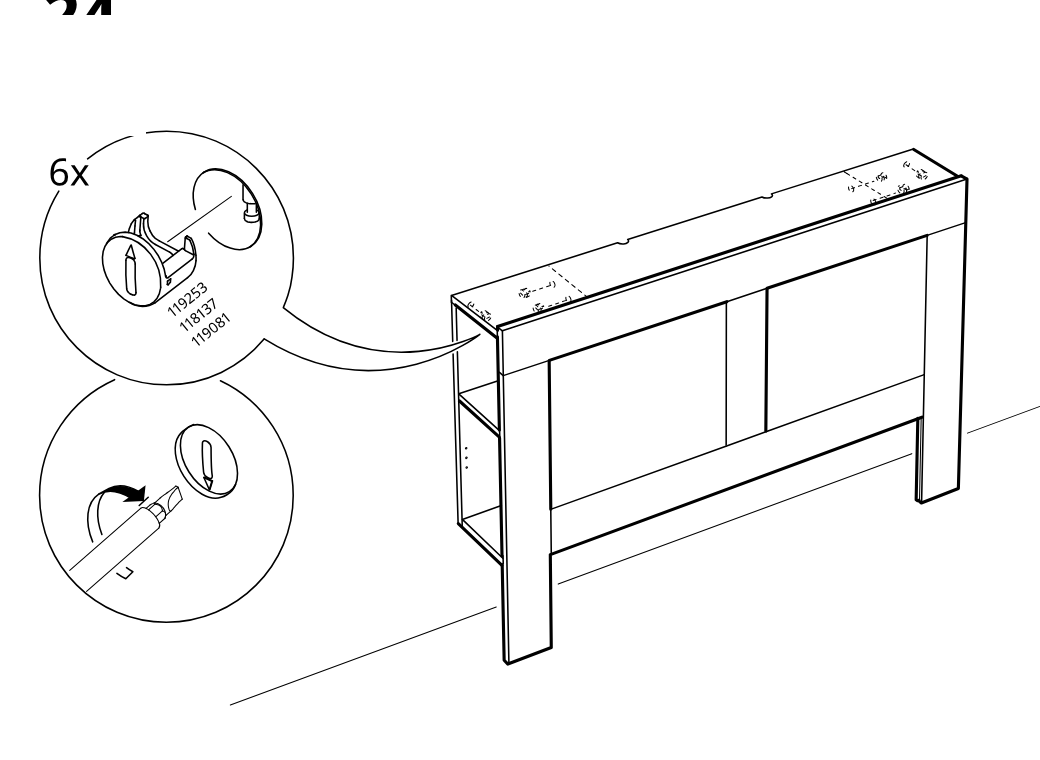 Diagram for step 24: Six cam locks are inserted into the top panel and then turned with a screwdriver to secure the panel to the frame.