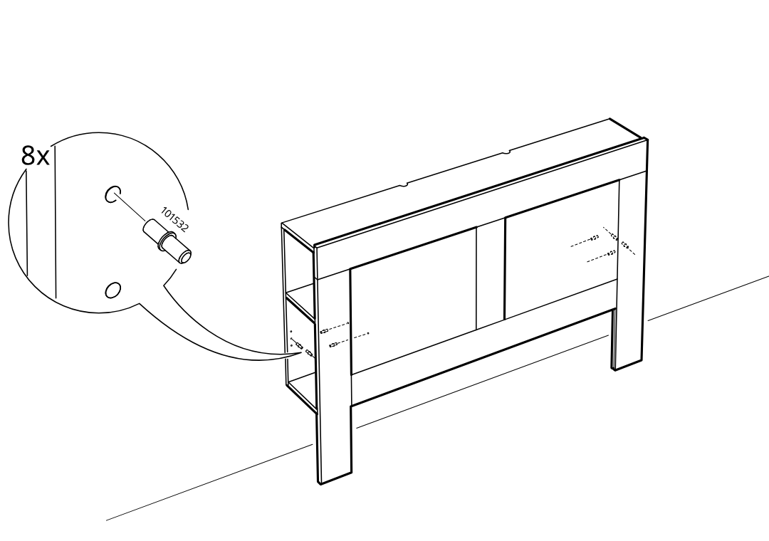 Diagram for step 25: The installer inserts eight cam pins (part 101532) into the side holes of the frame.