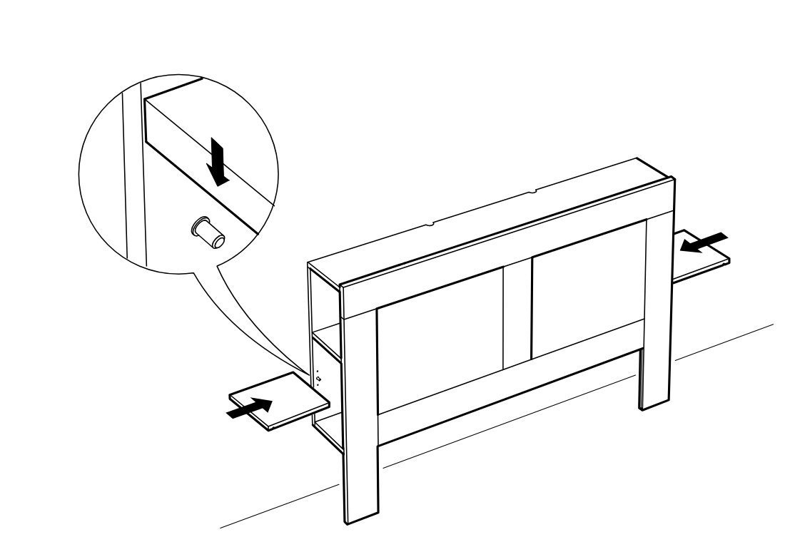 Diagram for step 26: The installer lowers the side panel onto the installed pin and slides the lower shelves inward from both sides.