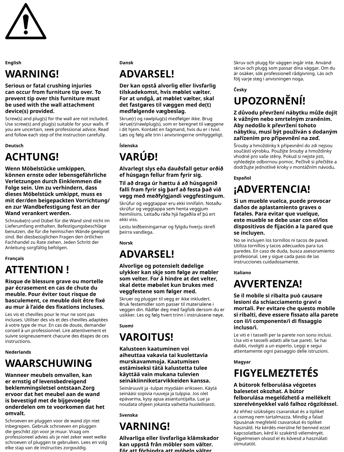 Illustration for assembly note: Full-page multilingual anti-tip-over safety warning stating that furniture must be fixed to the wall and that wall screws/plugs are not included.