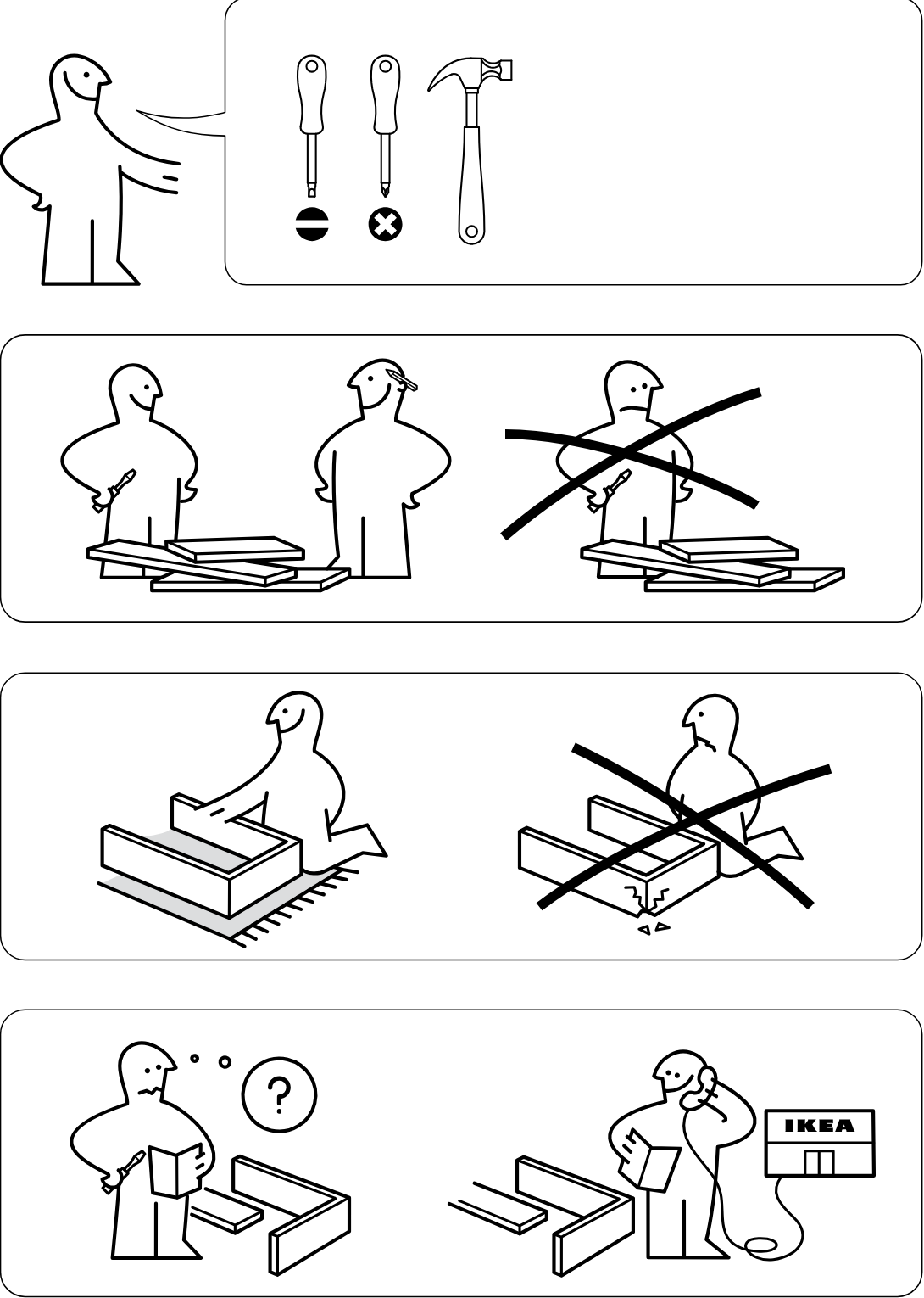Illustration for assembly note: Preparation and safety guidance panels show required tools, recommended two-person assembly, assembling on a soft surface, and consulting instructions or contacting IKEA support if unsure.