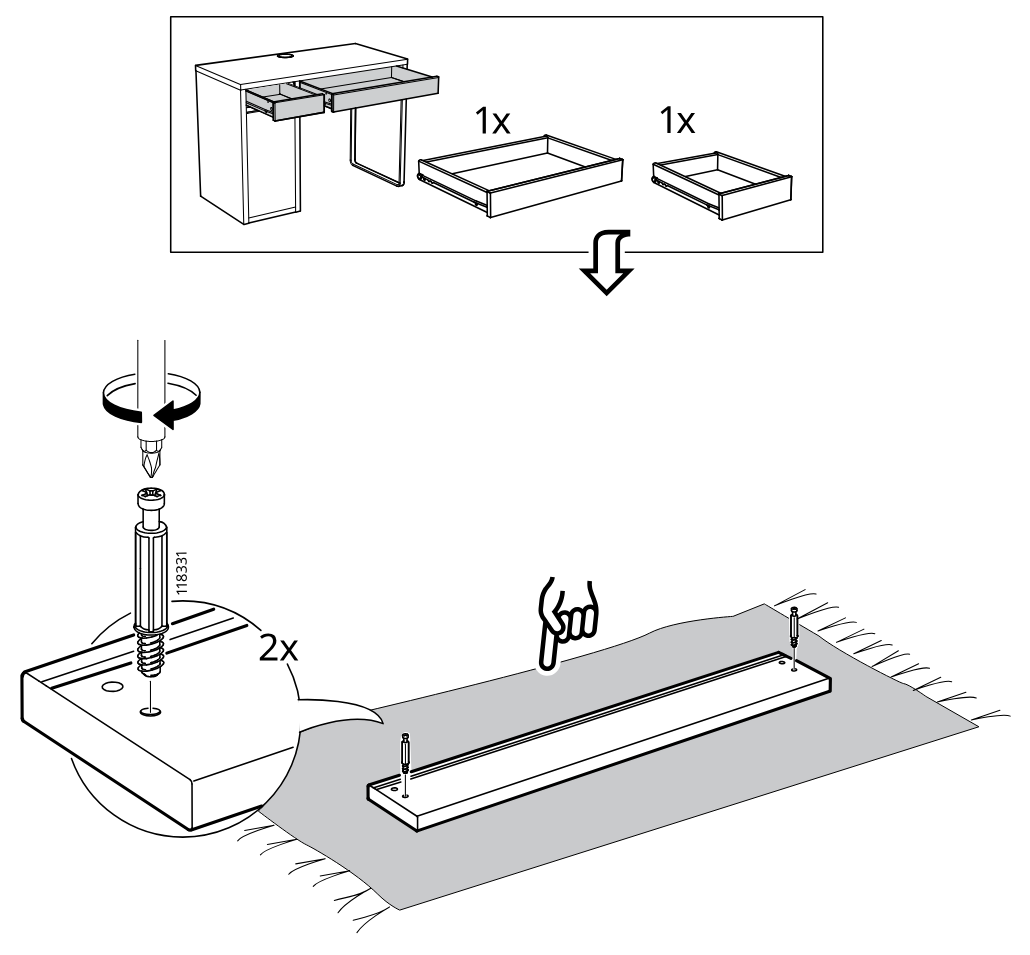 Diagram for step 1: The user screws two cam bolts into the long bottom panel while it lies on a soft surface.