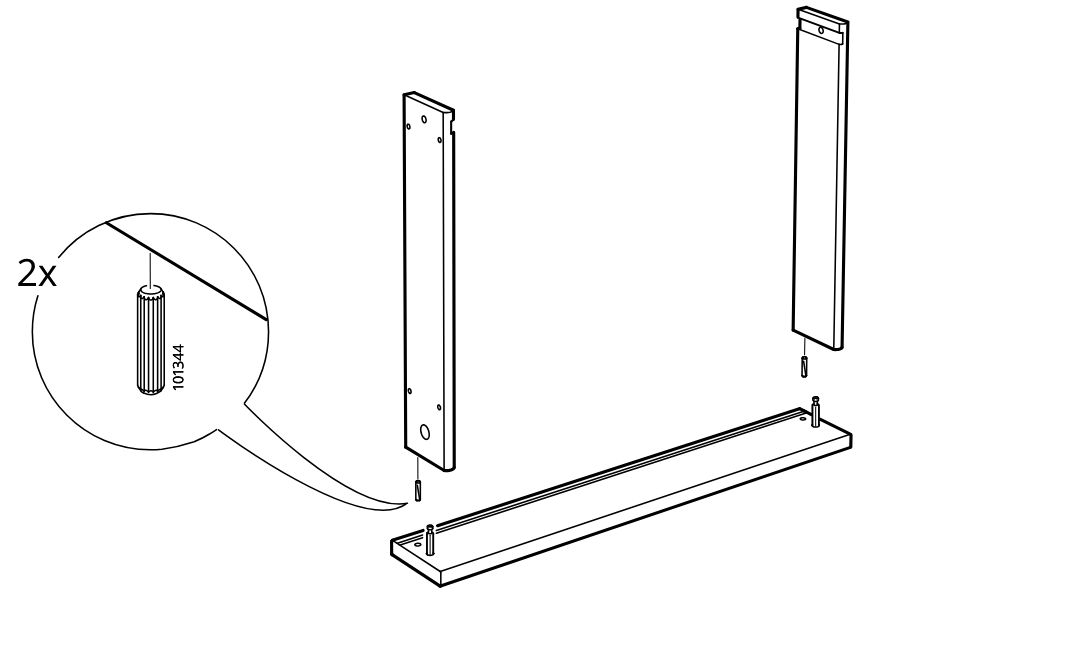 Diagram for step 2: The user inserts two wooden dowels into the long bottom panel and positions the two side panels above the matching holes.