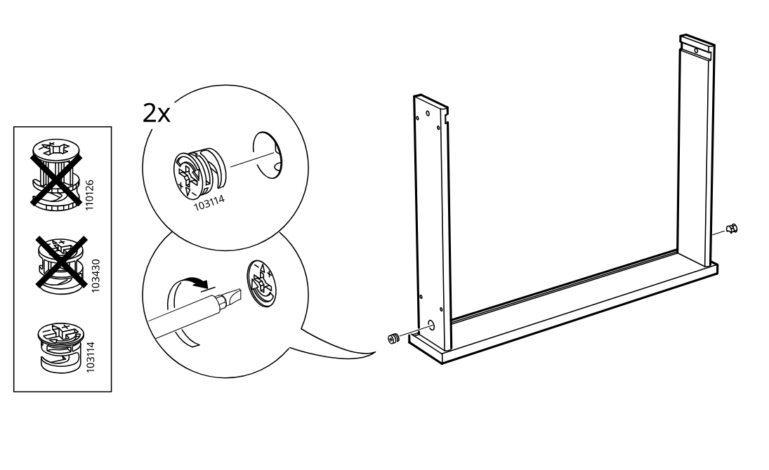 Diagram for step 3: Installs two cam locks in the side panels, checks the correct cam-lock type, and tightens them into the frame assembly.