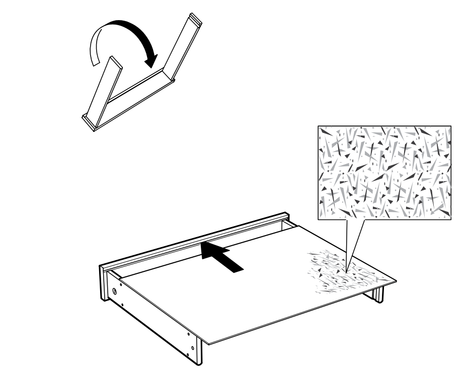Diagram for step 4: Rotates the assembly upright and slides the large panel into the upper groove with the patterned surface oriented as shown.