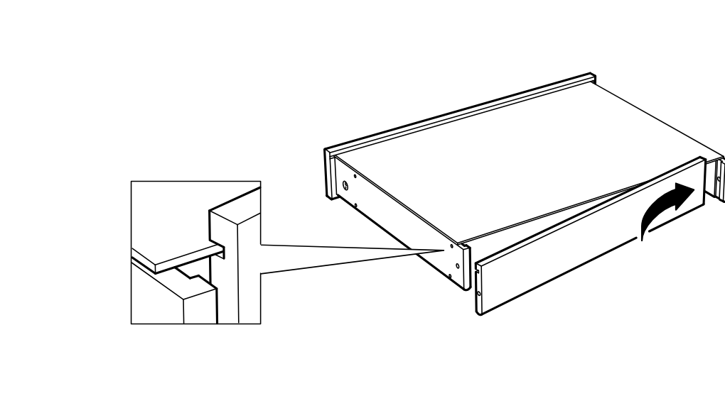 Diagram for step 5: The front panel is rotated upward and hooked into the side grooves, with a zoomed inset showing the joint detail.