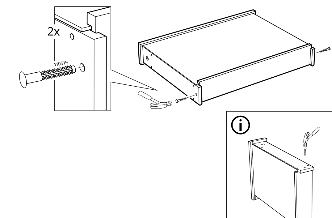 Diagram for step 6: Two 110519 fasteners are inserted and tightened at the side joints, and an inline info panel shows the unit upright while securing the top edge.