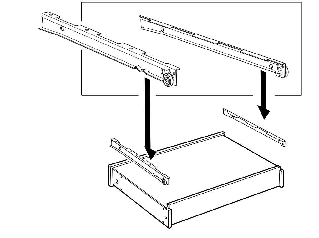 Diagram for step 7: The drawer runners are placed onto the left and right sides of the drawer box.