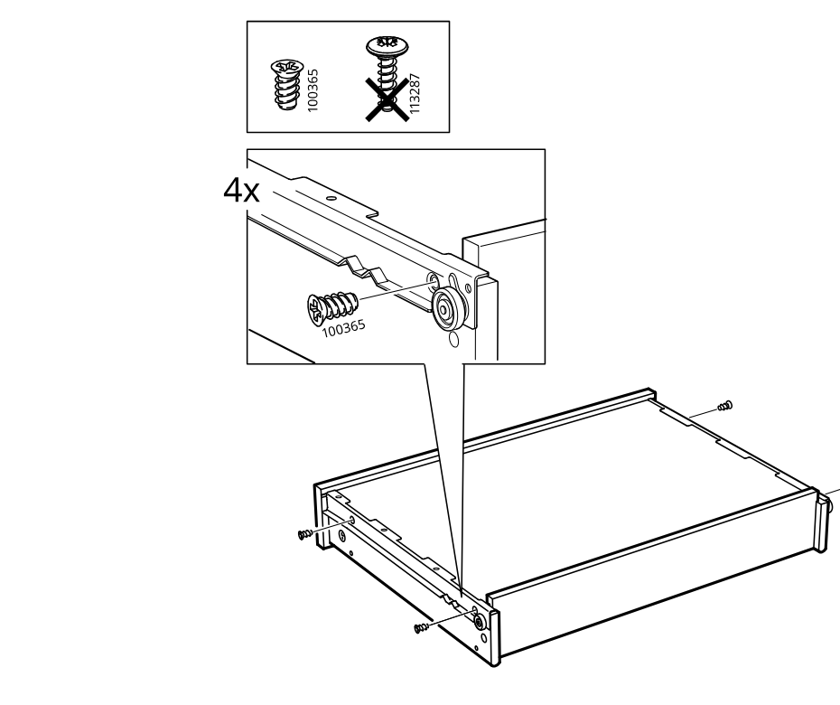 Diagram for step 8: Four 100365 screws fasten the drawer runners to the drawer sides, and the longer 113287 screw is shown as incorrect.