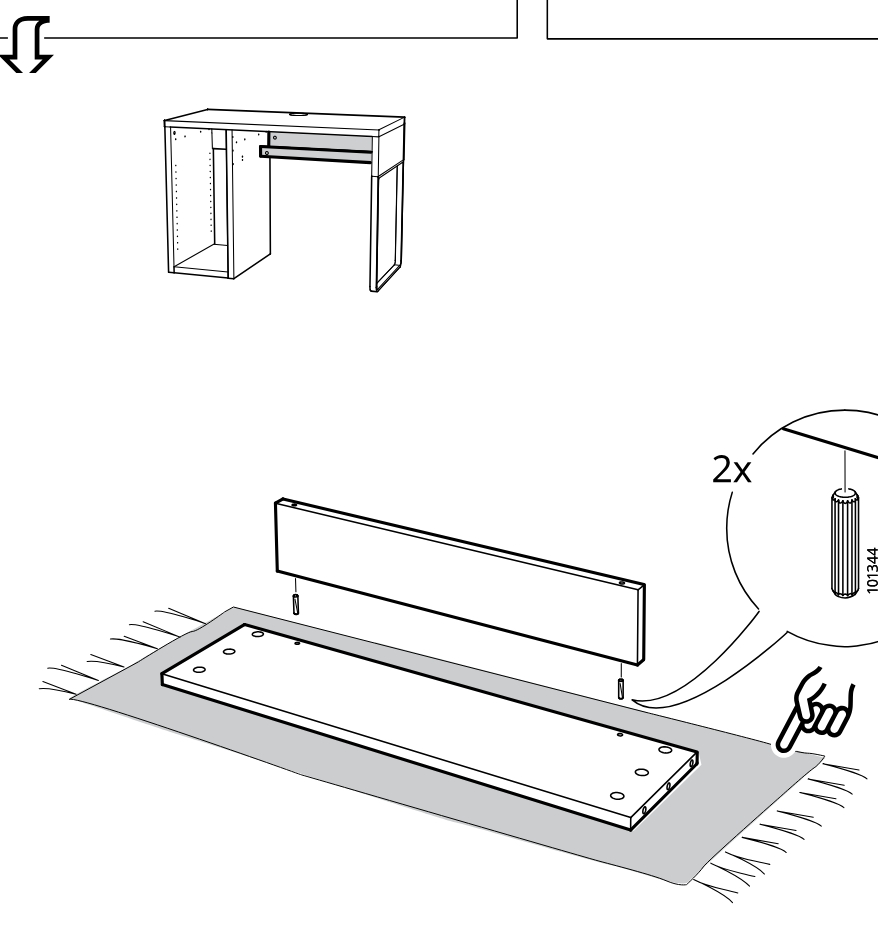 Diagram for step 9: Insert 2 dowels (103344) into the long panel while working on a soft surface for the left-side configuration.