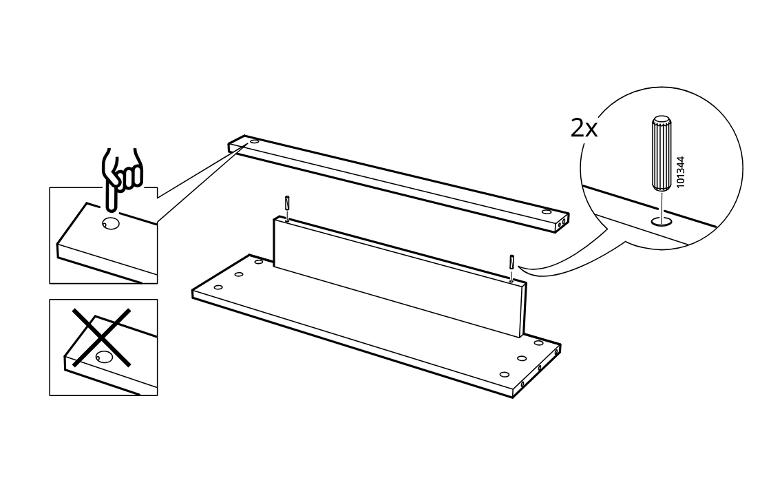 Diagram for step 10: Insert two wooden dowels into the indicated holes and orient the panel using the do/not-do hole-position callouts.