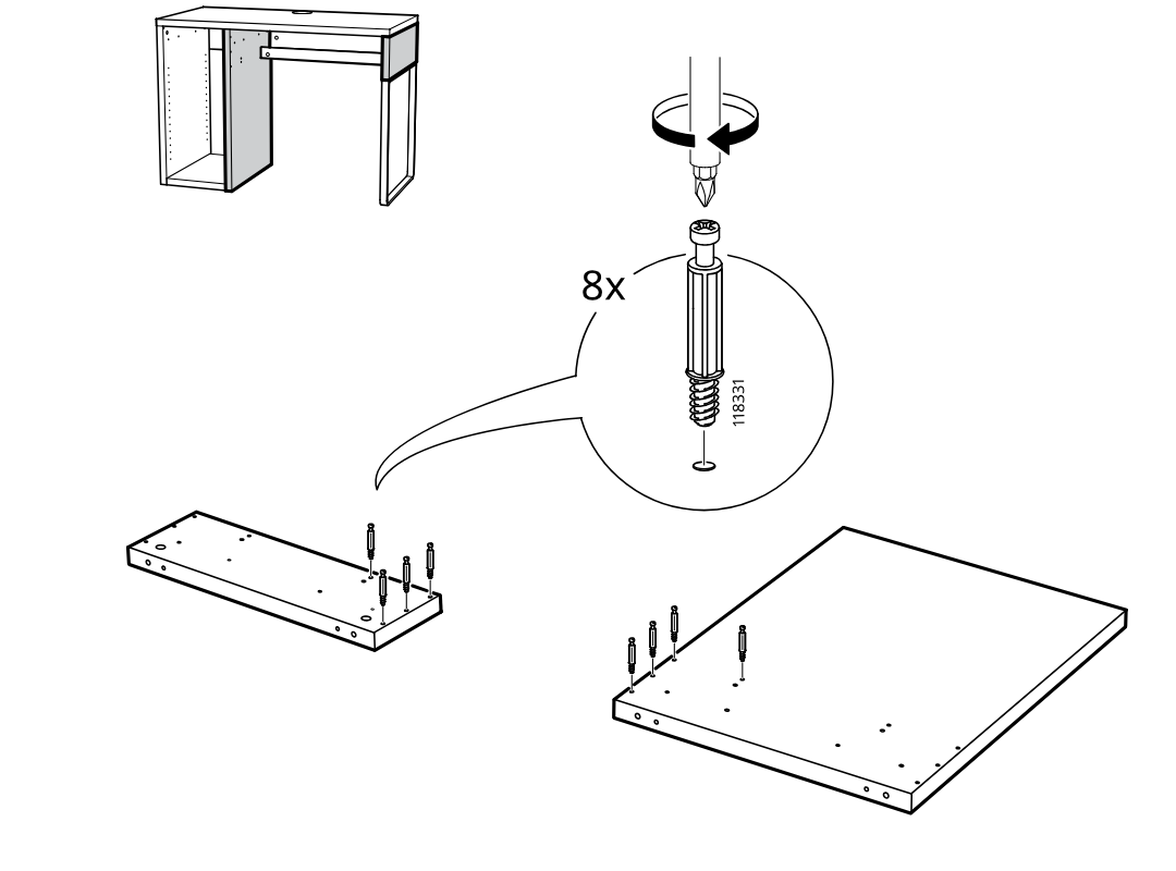 Diagram for step 11: Screw eight cam bolts into the two large panels at the marked hole positions using a screwdriver.