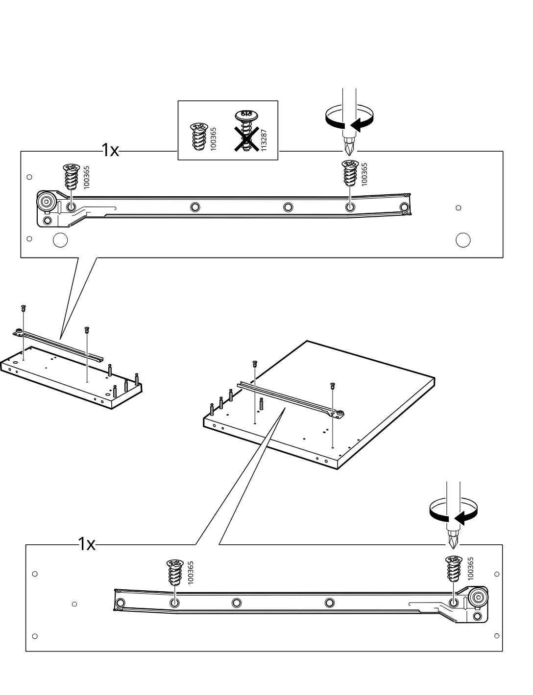 Diagram for step 12: Screws one 100365 slide rail onto each of two panels, using the rail orientation shown and the screw-type reminder inset.