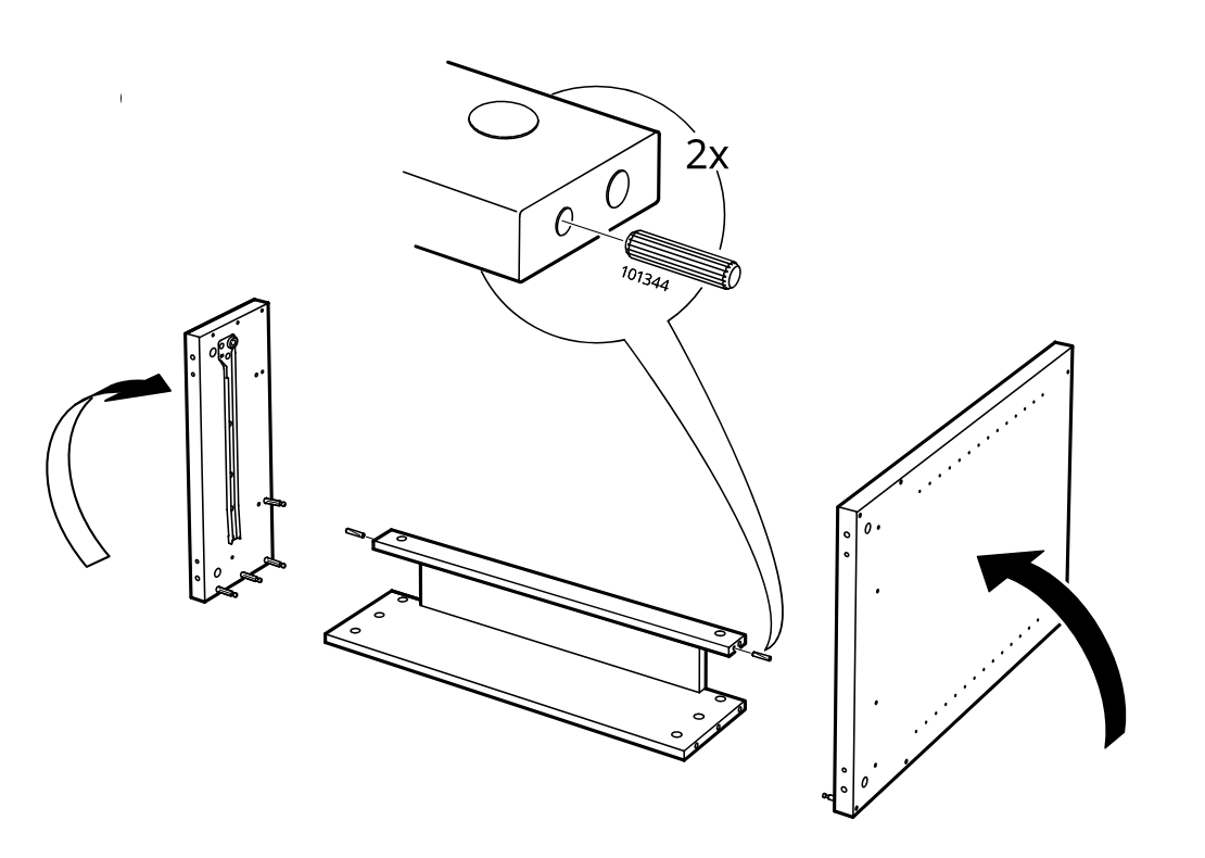 Diagram for step 13: Insert two 101344 dowels into the center rail and rotate the two side panels into position around the base and rail.