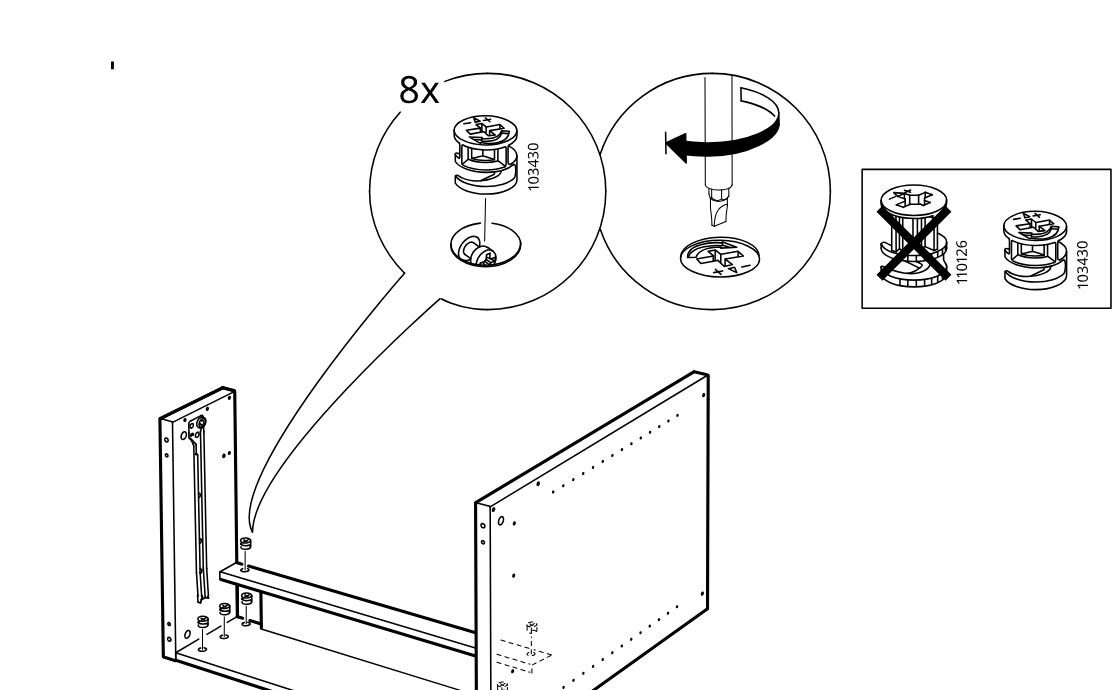 Diagram for step 14: Place eight 103430 cam locks into the side panels and tighten them, using 103430 rather than 110126, to secure the frame together.