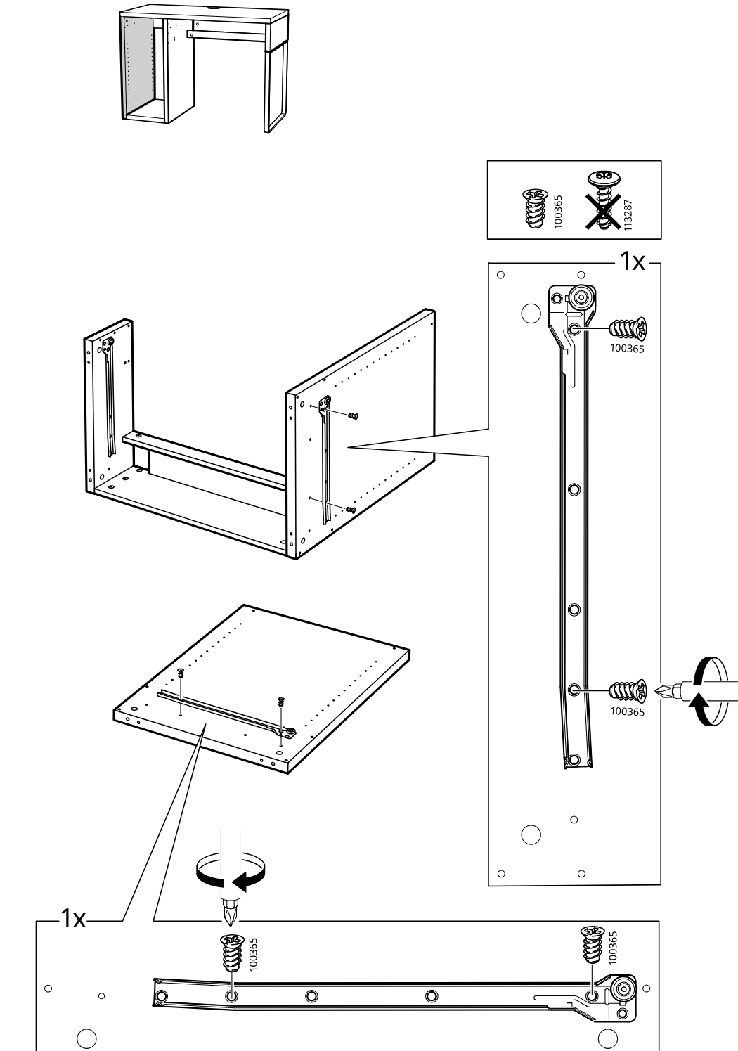 Diagram for step 15: The drawer slides are attached to the side panel and the large panel with 100365 screws, using the correct screw type and screwdriver orientation shown in the callouts.