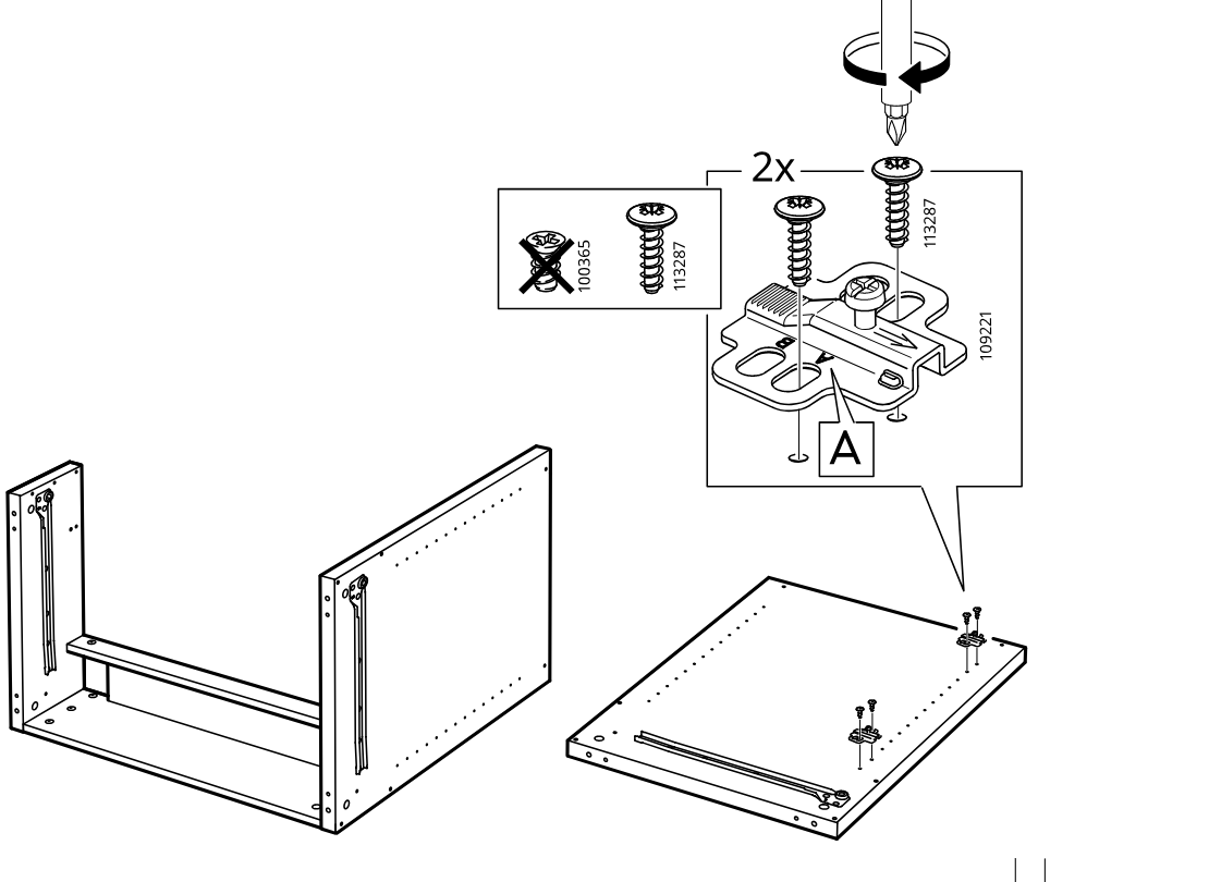 Diagram for step 16: The user screws two mounting plates onto panel A using the indicated screws and prepares the panel for attachment to the cabinet frame.