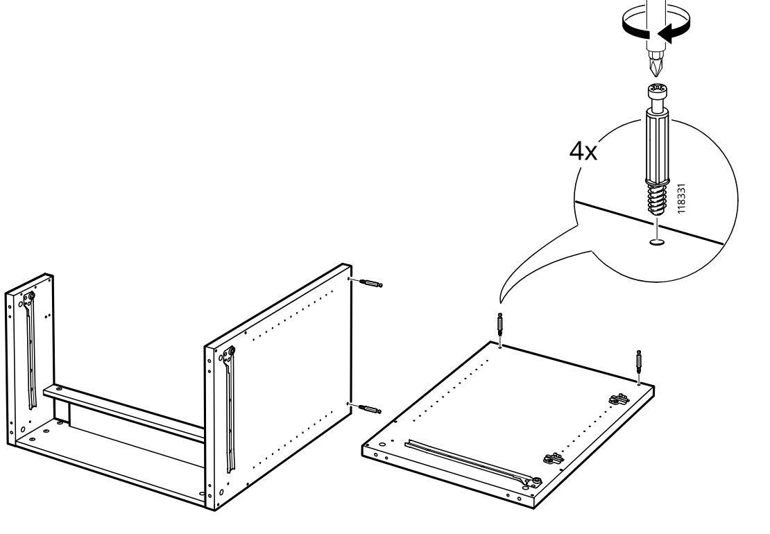 Diagram for step 17: The user screws four threaded pins into the side panel edges before joining the panel to the cabinet frame.