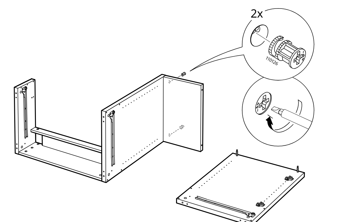 Diagram for step 19: Insert and tighten two cam locks to secure the side panel to the frame.