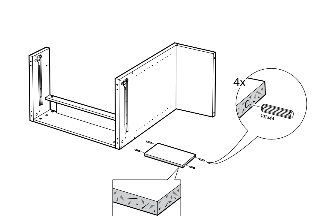 Diagram for step 20: Insert four wooden dowels into the small panel and position it between the cabinet sides, with the zoom callout showing the dowel placement and edge orientation.