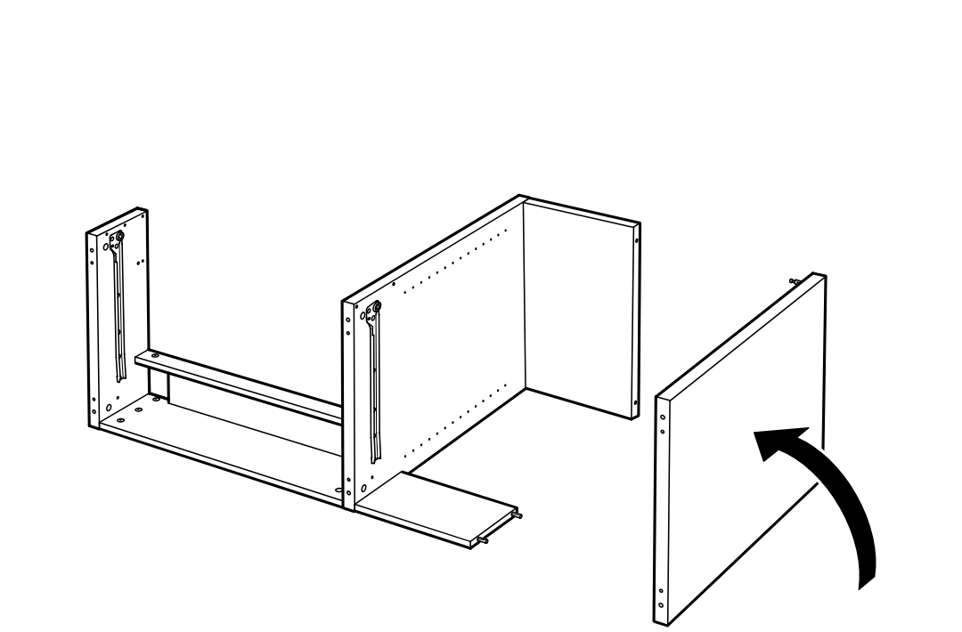 Diagram for step 21: Slide the small panel into place and rotate the large side panel inward to close the cabinet frame.