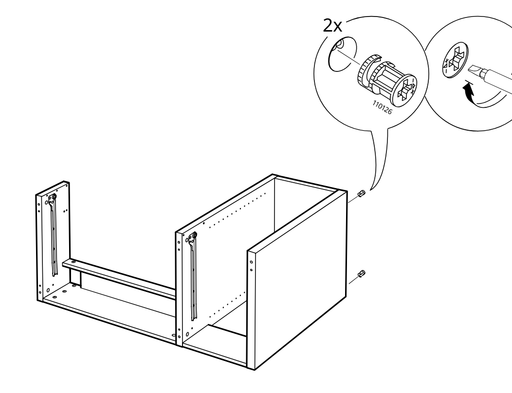Diagram for step 22: Two cam locks are inserted into the side panel and tightened to secure the cabinet body.