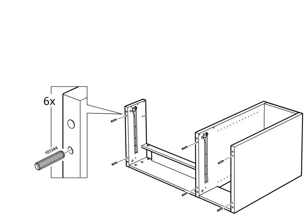 Diagram for step 23: Six ribbed dowels are inserted into the side panels and center divider.