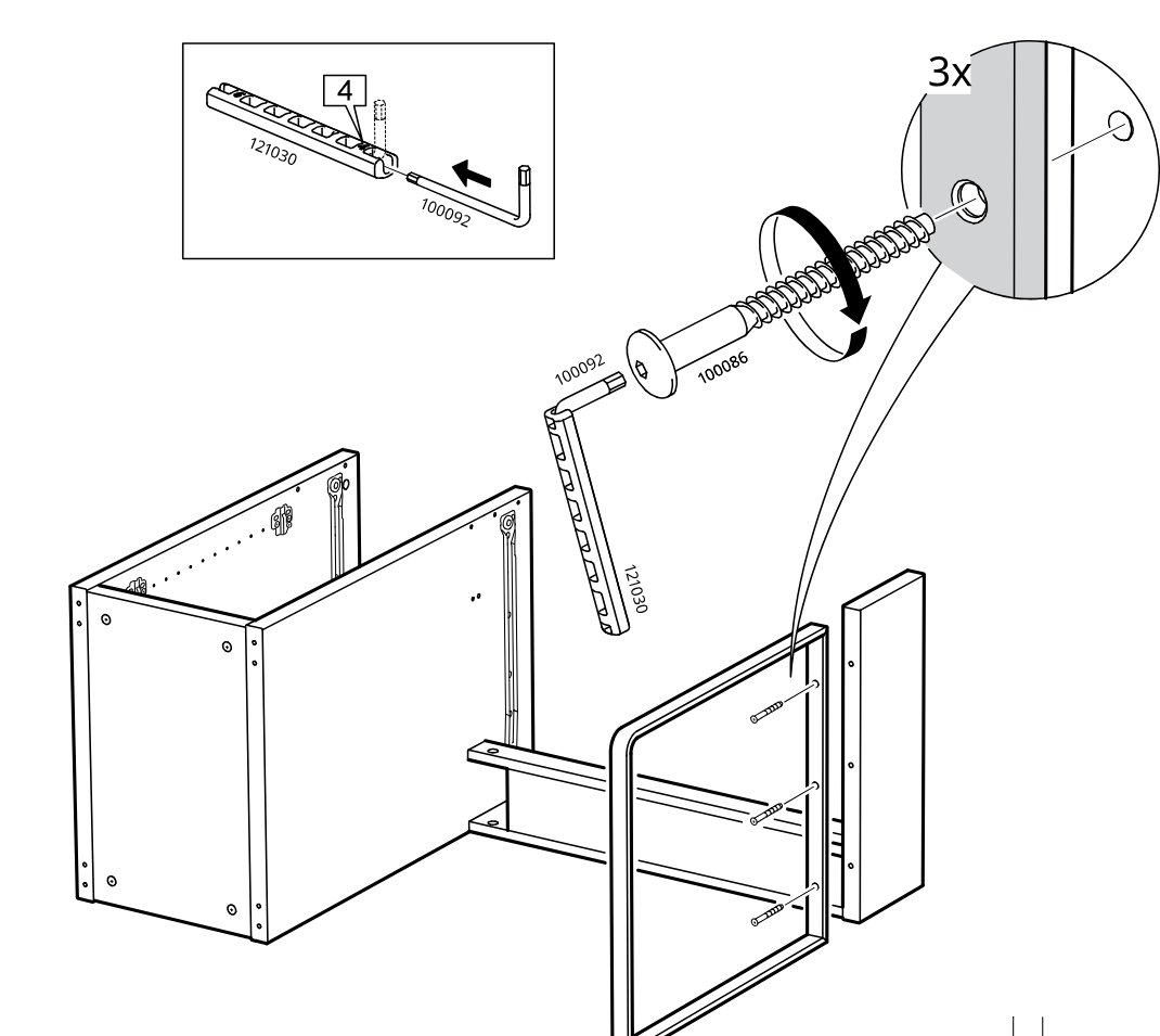 Diagram for step 24: Insert the rail insert into the side frame, then use the Allen key and screw to fasten the side assembly to the cabinet through three holes.