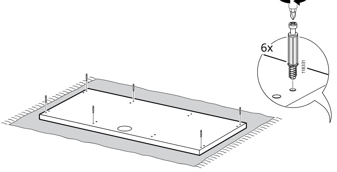 Diagram for step 25: Screw six threaded fittings into the panel while it lies flat on a soft surface.