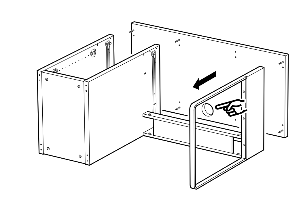 Diagram for step 26: The large back panel is aligned and pushed onto the cabinet frame from the right side.