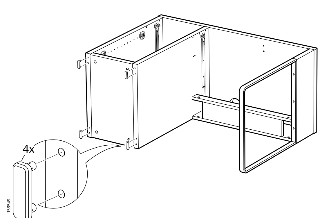Diagram for step 28: Attach four plastic pads to the holes on the side panel edges of the cabinet frame.