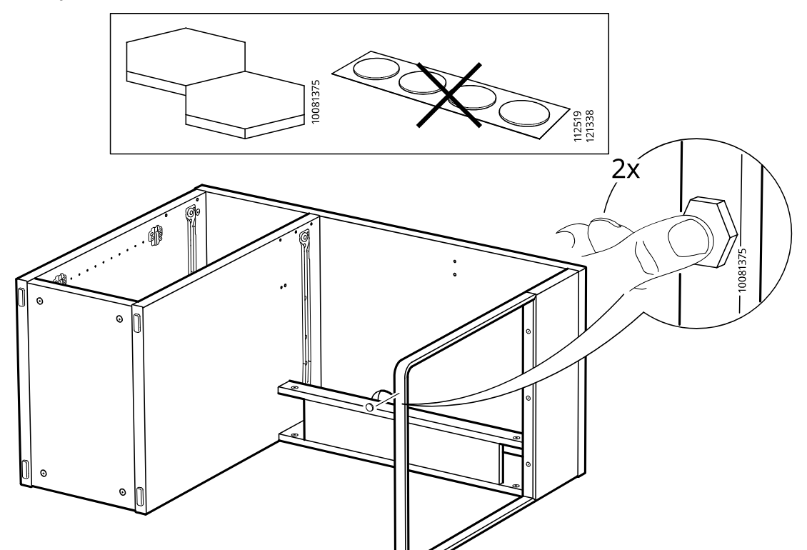 Diagram for step 29: Insert two hex nuts into the side opening of the front frame rail while the cabinet remains on its side.