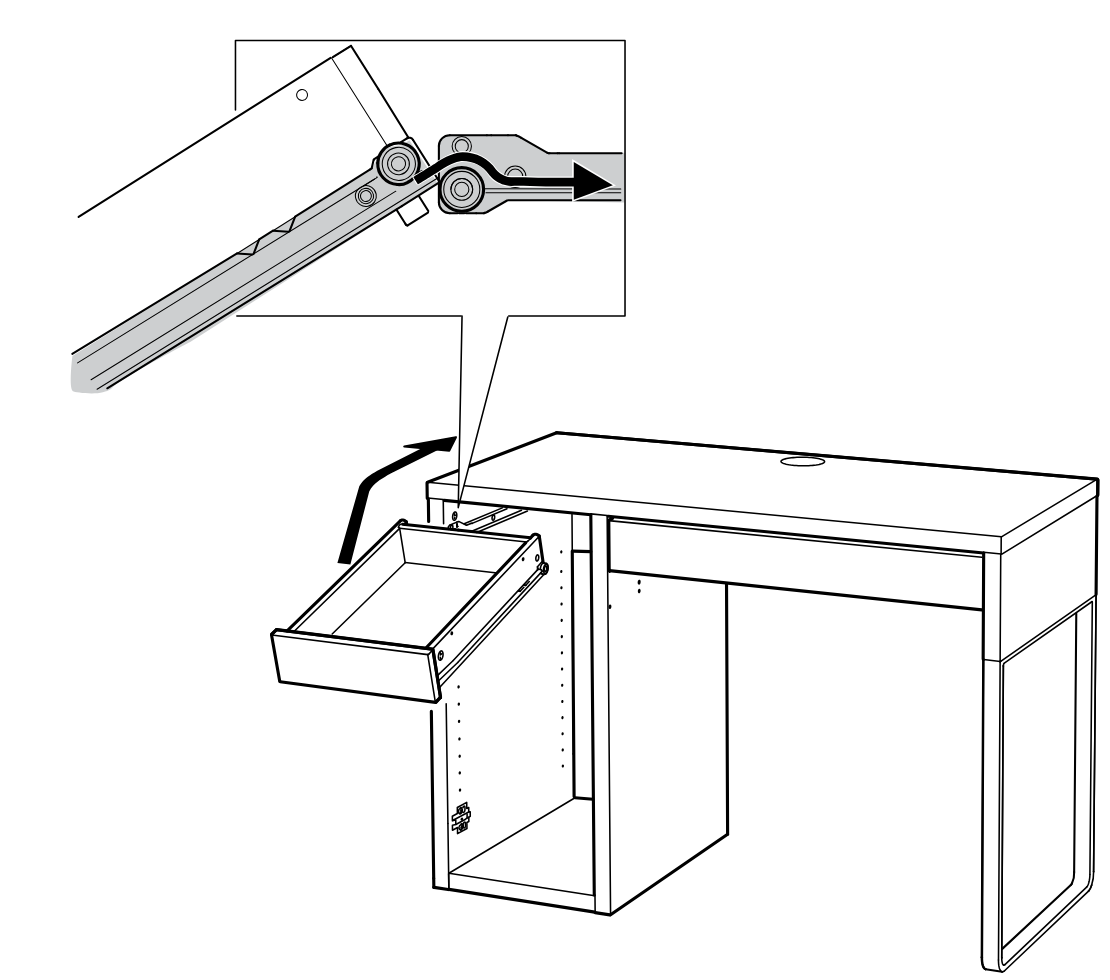 Diagram for step 30: The drawer is lifted onto the runners and slid inward until the roller engages.