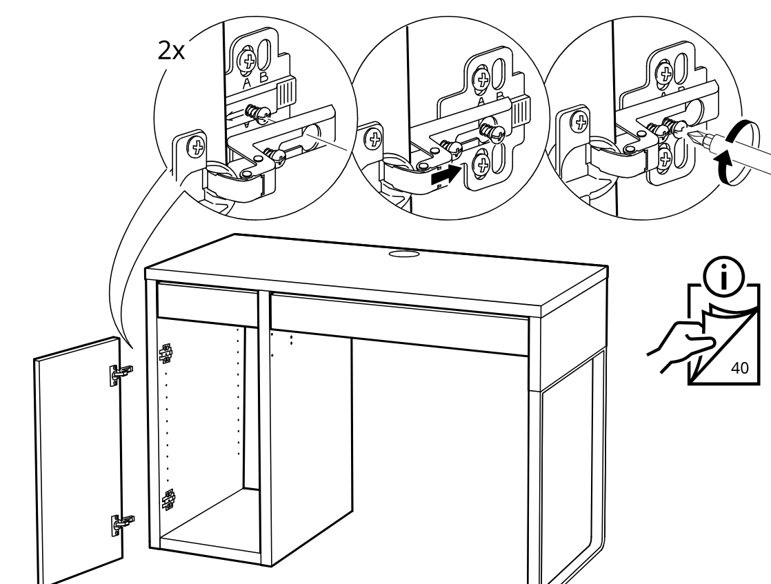 Diagram for step 32: Adjust and tighten the two door hinges onto the cabinet side using the hinge screws as shown in the three zoom callouts, with an info note referring to page 40.