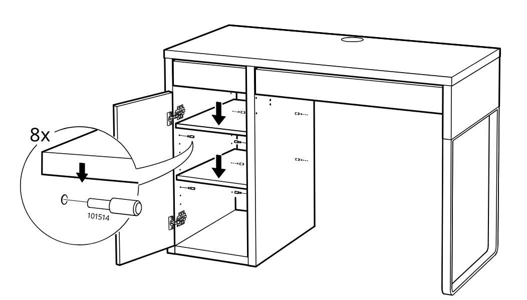 Diagram for step 33: Insert eight support pins labeled 101514 and place two shelves into the cabinet behind the open door.