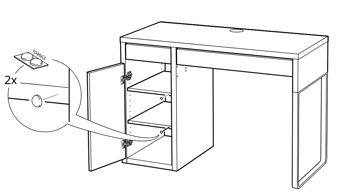 Diagram for step 34: Press two adhesive pads onto the indicated holes inside the cabinet area with the door open.