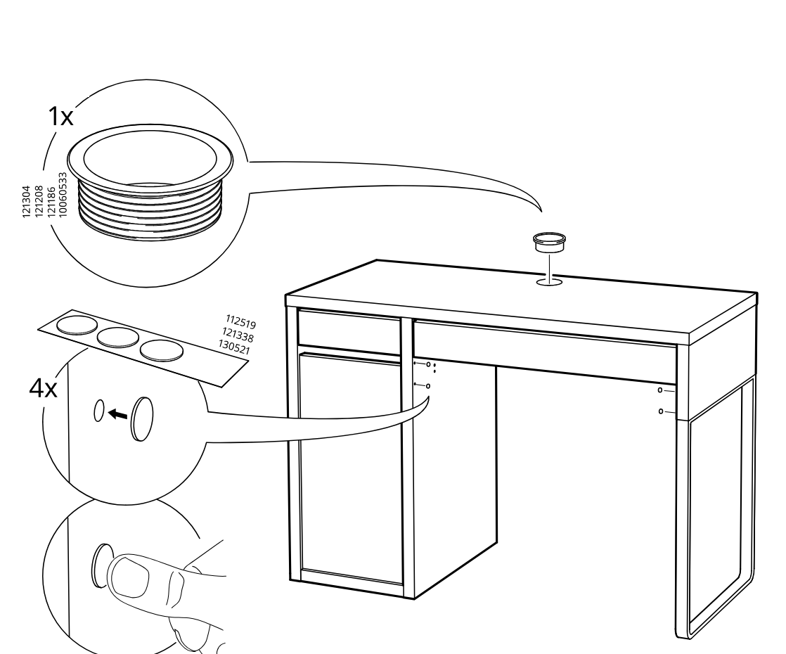 Diagram for step 35: Insert one desk cable grommet into the top hole and apply four cover stickers to the exposed side holes, pressing them in by hand.