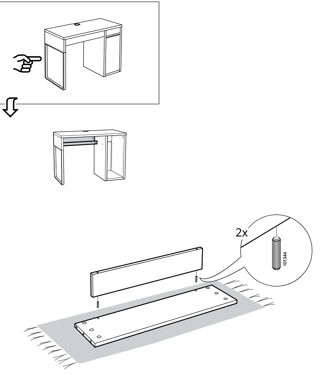 Diagram for step 36: Insert two dowels into the narrow panel and align it above the larger panel laid on a soft surface.