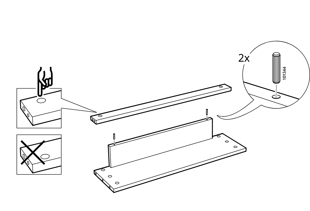 Diagram for step 37: Insert two wooden dowels into the indicated holes and orient the panel using the top-hole guidance boxes before fitting the upright onto the base panel.
