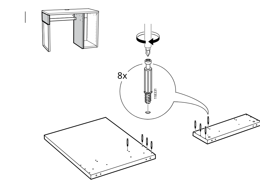 Diagram for step 38: Screw eight cam bolts into the two large panels in the indicated hole positions using a screwdriver.