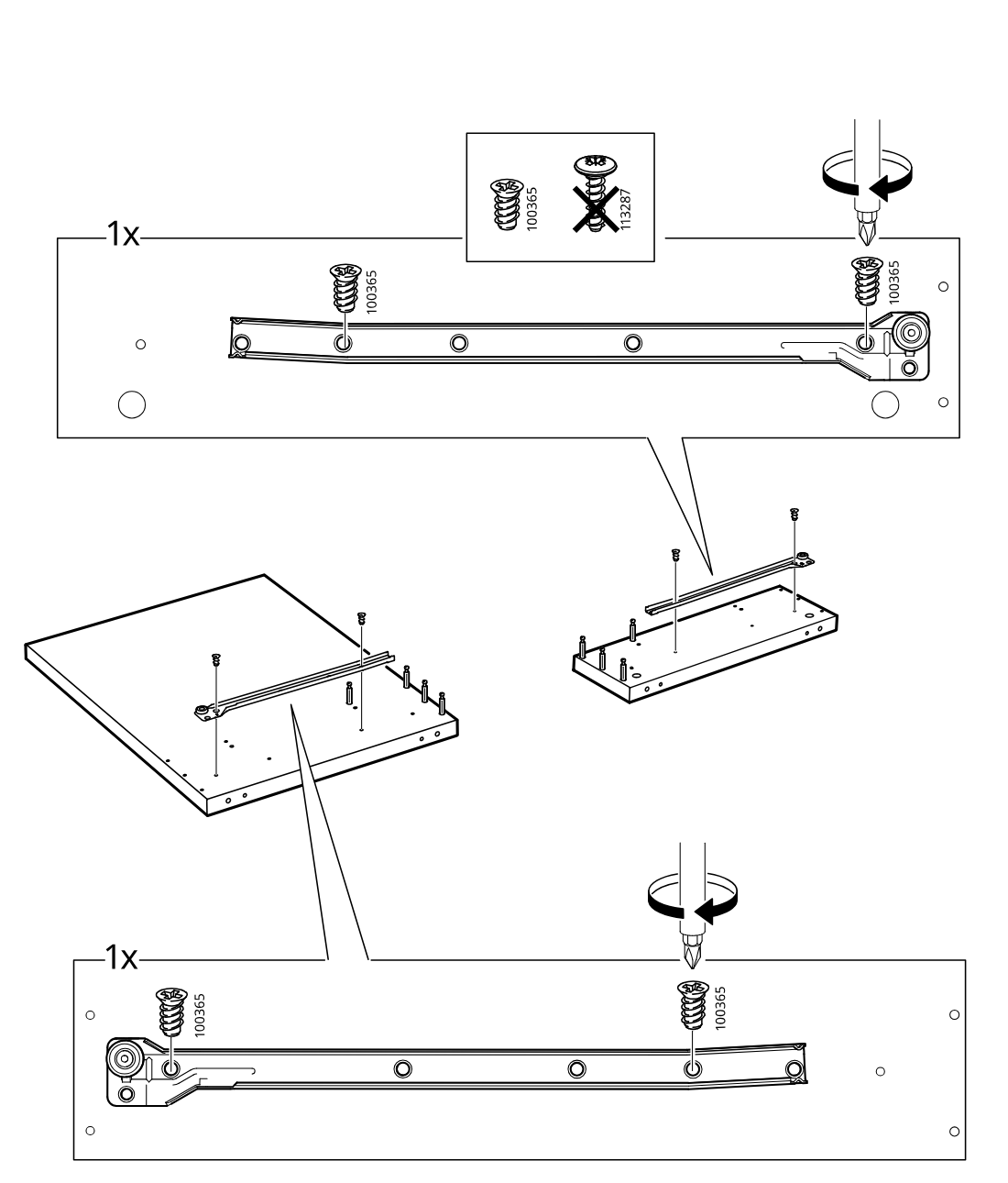 Diagram for step 39: Fasten one drawer runner to each side panel with two 100365 screws, using the shown screw type and screwdriver rotation direction.
