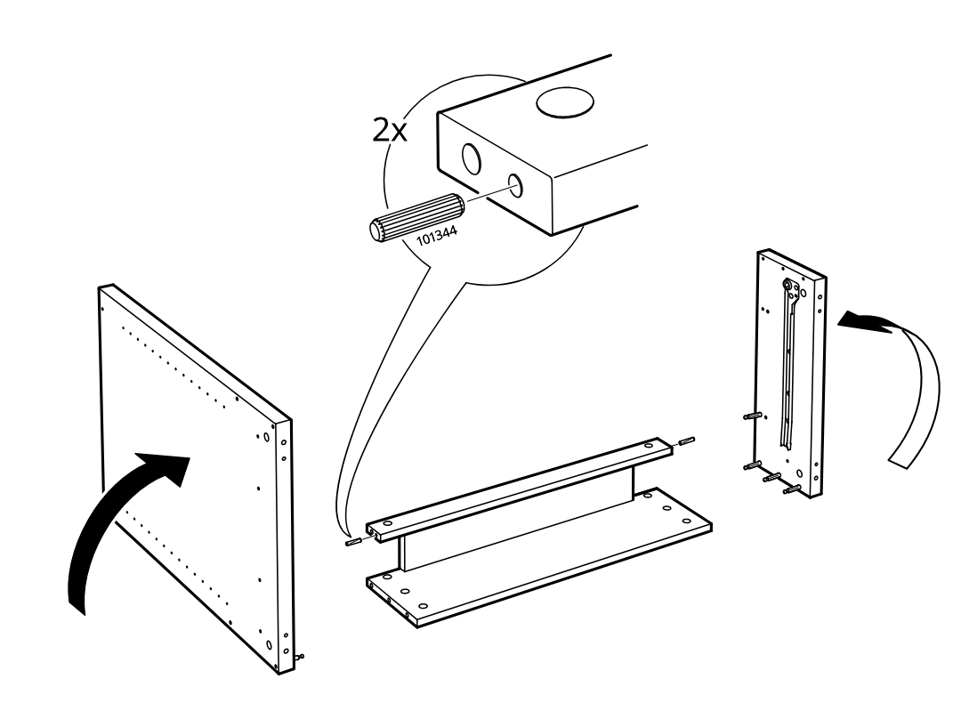 Diagram for step 40: Two dowels 101344 are inserted into the side panel edges, and the side panels are oriented and positioned around the central shelf assembly.