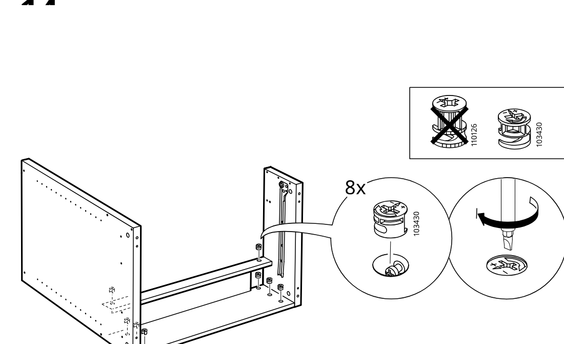 Diagram for step 41: Eight cam locks 103430 are inserted into the side panels and turned to lock the assembled panels together.